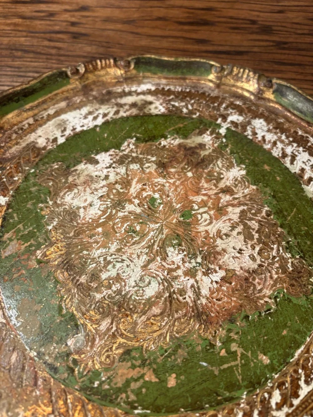 Vintage Italian Florentine Gilt Tray Green Gold Ornate Rococo Tole Style 13”
